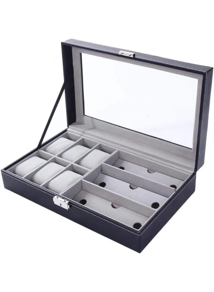 Leather Watch Glasses Box -Watch And Glass Display Case Holder Storage Organizer Jewelry Display- 6 Slots For Watches And 3 Slots For Glasses - Image 3